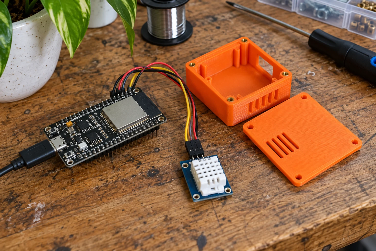 ESP32-Sensorprojekt und orangefarbenes 3D-gedrucktes Gehäuse