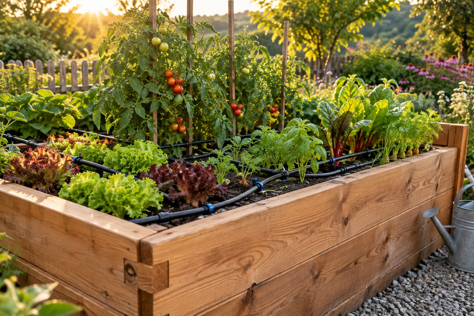 Selbst gebautes Hochbeet mit Bewässerung im Garten