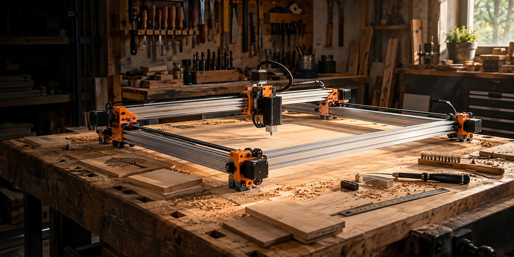 Selbst gebauter Maschinenrahmen auf einer Werkbank mit orangefarbenen Bauteilen